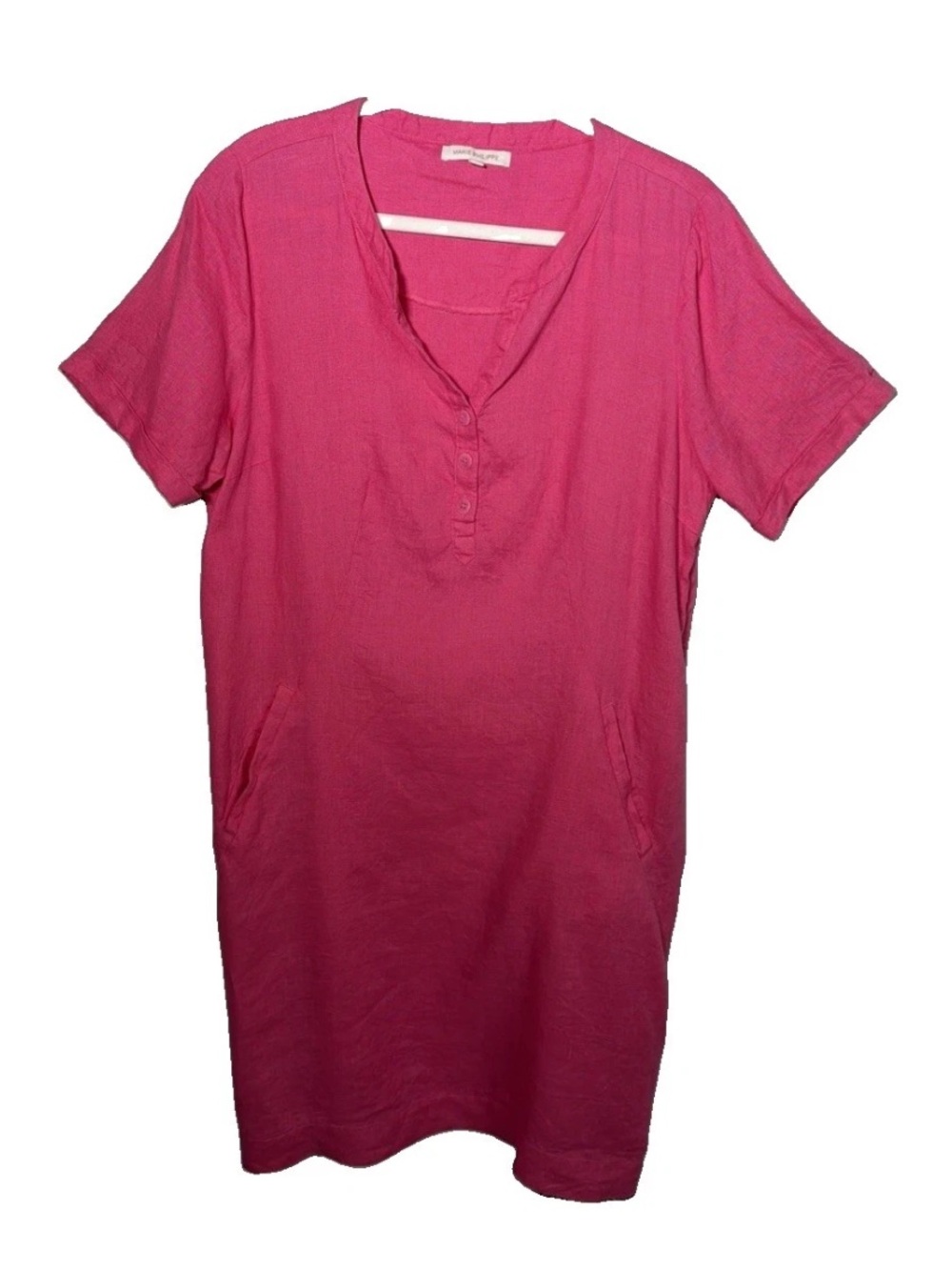 Marie Philippe Pink Linen Shift Dress Women's Size 42 US 10 Short Sleeve Pockets